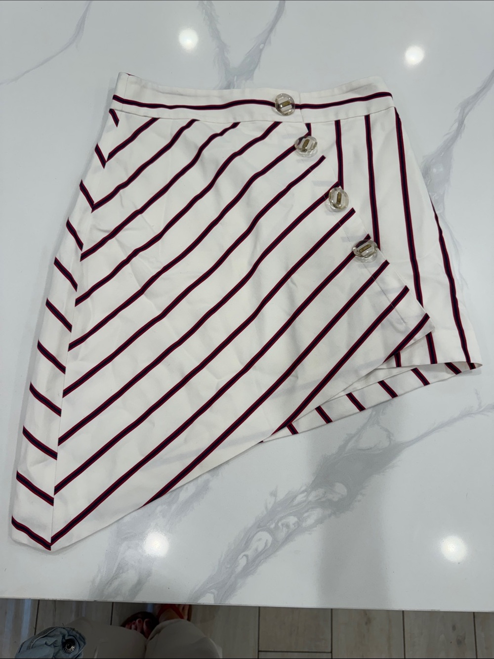 Alexis White Skirt with Burgundy Diagonal Stripes and Button Detail